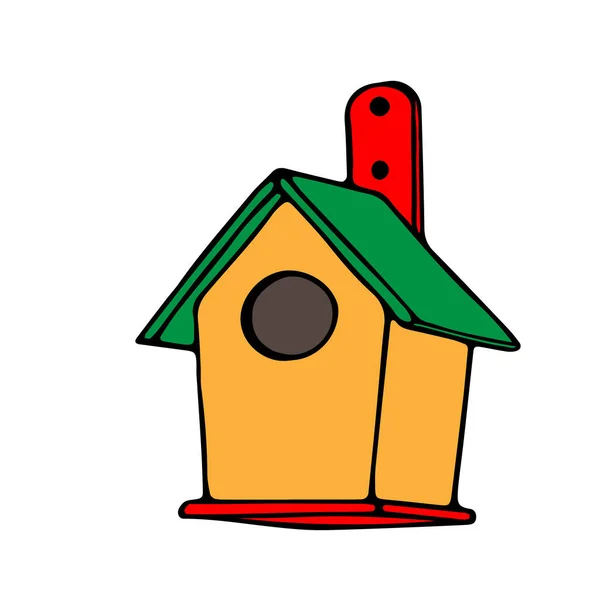 Illustrazione vettoriale disegnata a mano colorata di una casa di uccelli o scoiattoli da nuove tavole è appesa a un albero nella foresta isolata su uno sfondo bianco — Vettoriale Stock