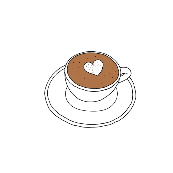 Dibujo de mano negra ilustración vectorial de una taza de capuchino marrón con corazón aislado sobre un fondo blanco — Vector de stock