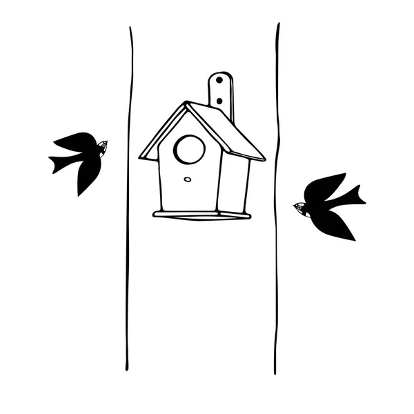 Illustrazione Vettoriale Disegnata Mano Nera Una Coppia Uccelli Una Casetta — Vettoriale Stock
