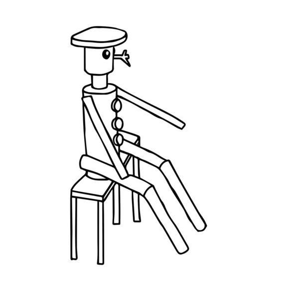 Векторная Иллюстрация Одного Игрушечного Деревянного Человека Сидящего Скамейке Изолированного Белом — стоковый вектор