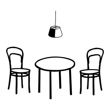Beyaz arka planda bir masa, bir çift sandalye ve elektrikli lamba olan bir odanın Siyah Vektör tasviri.