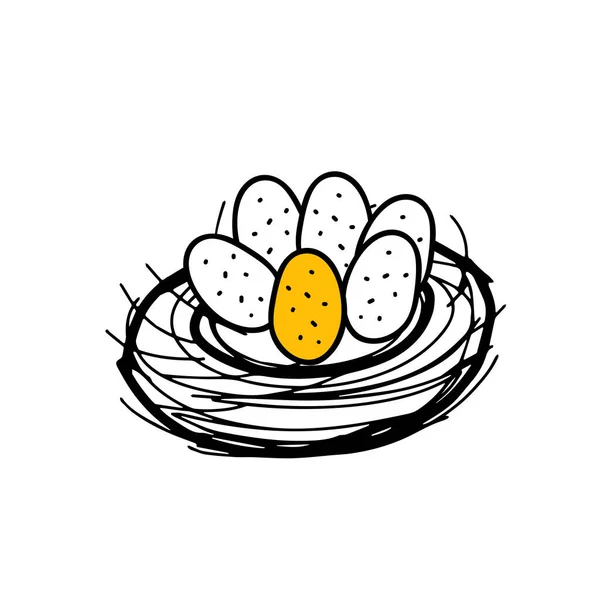 用一组黄蛋和五个白蛋分隔在白色背景上的鸟巢的手绘黑色矢量图 — 图库矢量图片