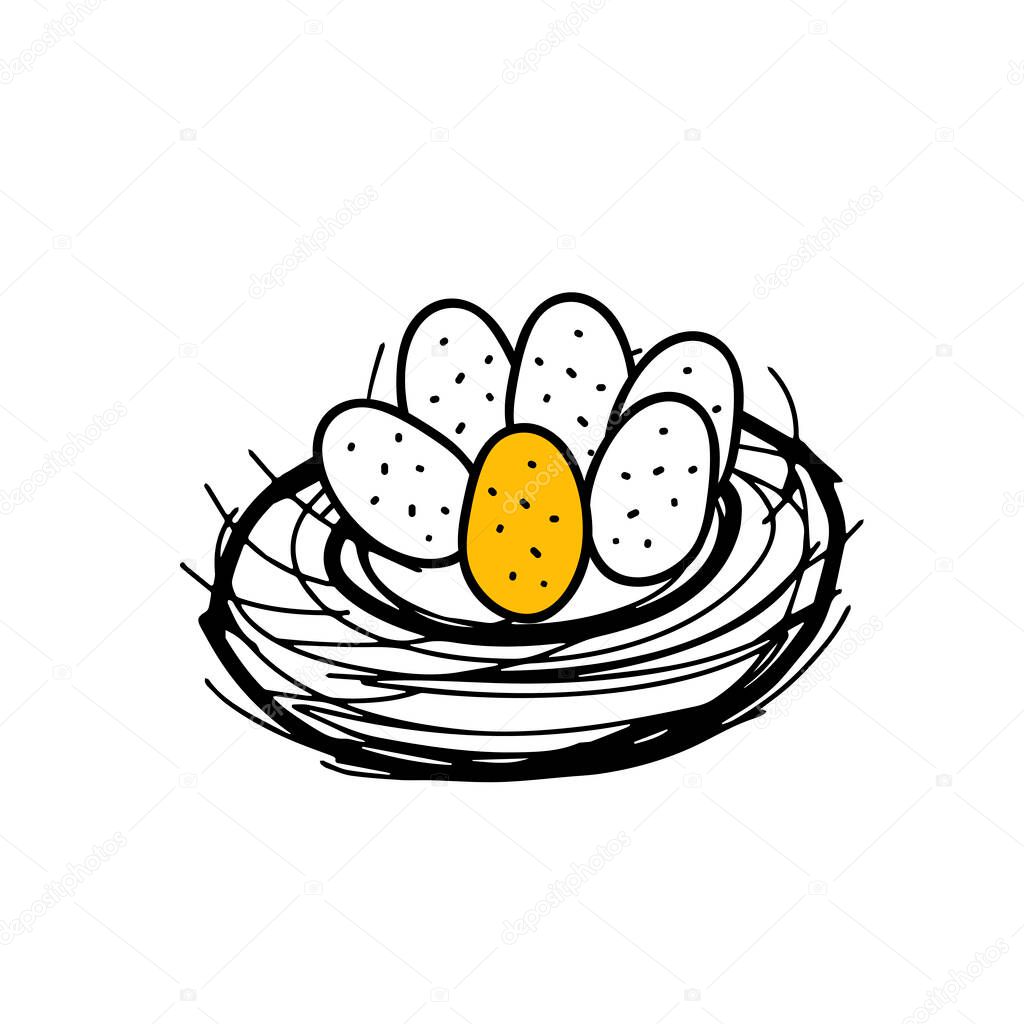 A Hand drawing black vector Illustration of a bird nest with a group of one yellow and five white eggs isolated on a white background