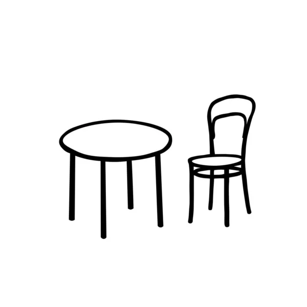 白い壁の背景にテーブルと椅子のある部屋の黒いベクトルのアウトライン図 — ストックベクタ