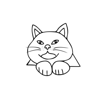 Bir El çizilmiş siyah vektör çizimi beyaz arka planda büyük gözleri olan güzel, şişman bir kedinin portresi.