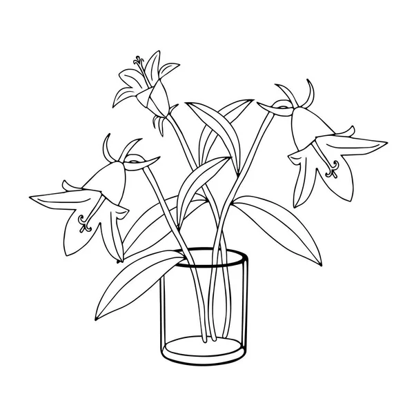 Black Vector Illustration Bellflowers Leaves Transparent Glass Isolated White Background — Stock Vector
