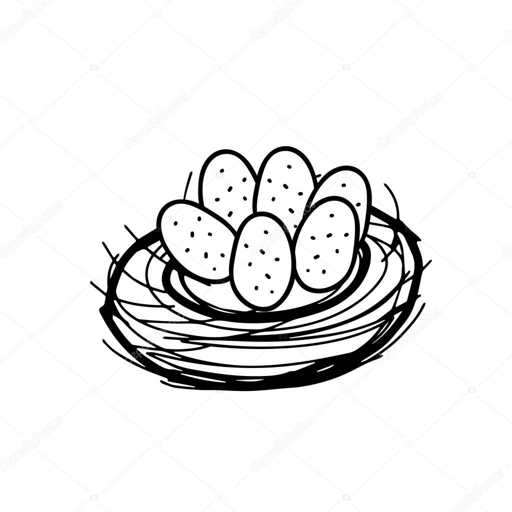 A Hand drawing black vector Illustration of a bird nest with a group of six eggs isolated on a white background