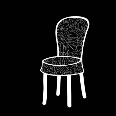 Siyah bir arkaplan üzerinde izole edilmiş bir sandalyenin Beyaz Vektör çizgisi çizimi