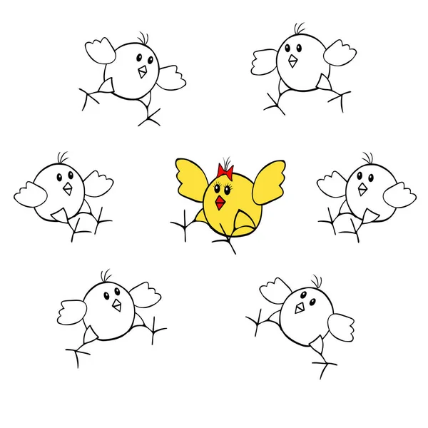 Один Желтый Группа Вентиляторов Очерчивают Черных Векторных Пасхальных Цыплят Бегать — стоковый вектор