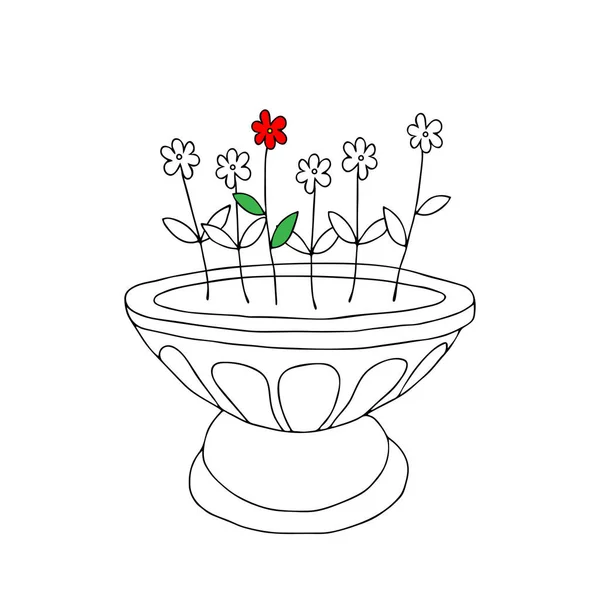 白地に孤立した夏の大理石の花瓶に葉を持つ花のグループの黒ベクトル図 — ストックベクタ