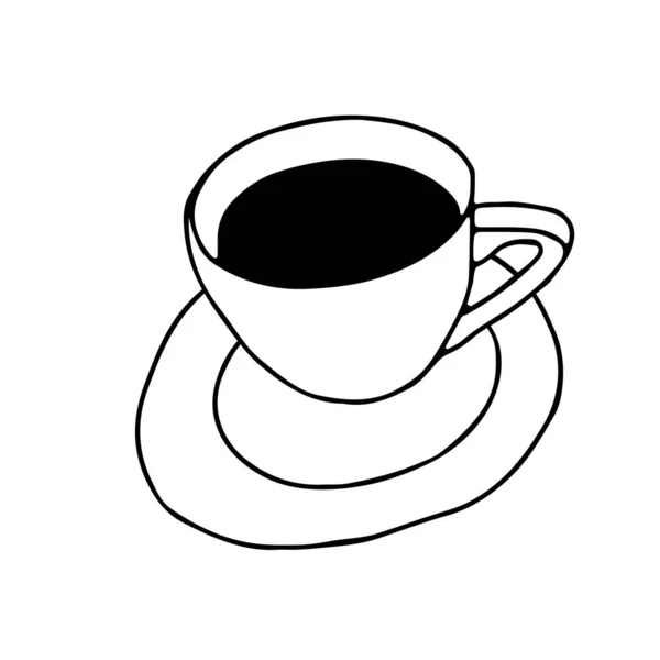 Schwarze Hand zeichnet Umrisse Vektor Illustration einer Tasse heißen Kaffees oder Tees mit einem Teller auf weißem Hintergrund isoliert — Stockvektor