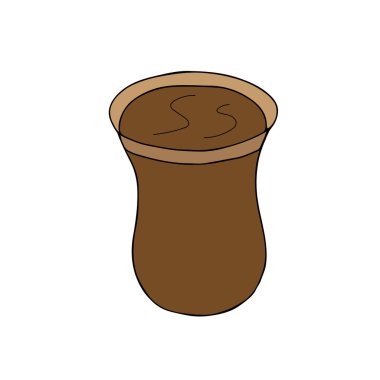 Beyaz arka planda izole edilmiş bir Türk sıcak çay bardağının kahverengi el çizimi çizimi çizimi