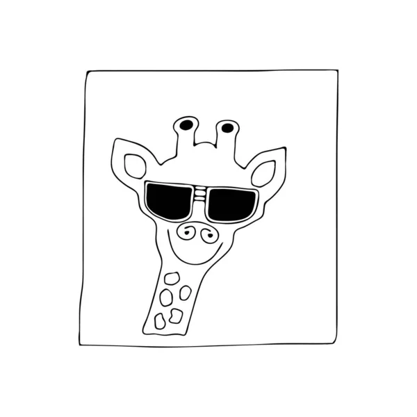 Чорний Контурний Малюнок Рук Векторна Ілюстрація Веселого Жирафа Сонцезахисними Окулярами — стоковий вектор
