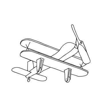 Çocuklar için boyama kitabı için beyaz bir arkaplanda izole edilmiş oyuncak ahşap uçağın güzel bir el çizimi siyah vektör çizimi.