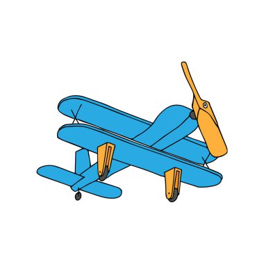 Beyaz arka planda izole edilmiş oyuncak tahta uçağın güzel bir el çizimi mavi vektör çizimi.