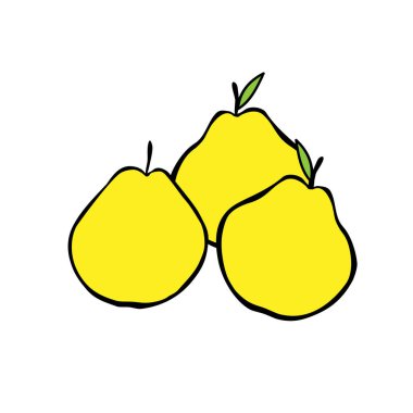 Beyaz arkaplanda yaprakları olan üç sarı armuttan oluşan bir vektör çizgisi çizimi
