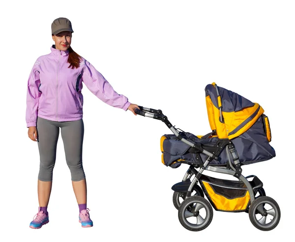 A Young mother athlete with a baby buggy — Stock Photo, Image