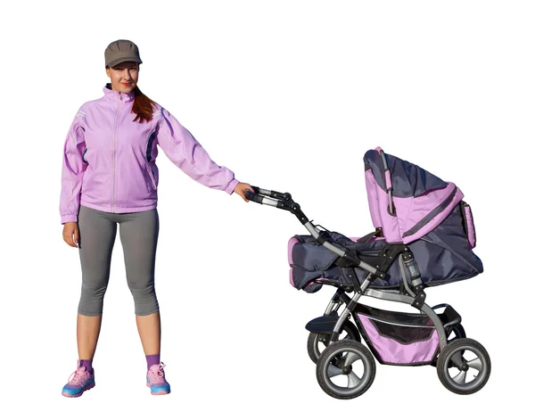 A Young mother athlete with a baby buggy lilac — Stock Photo, Image