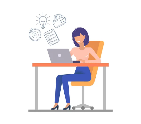 Work Office Cartoon Smiling Woman Working Laptop Sitting Chair Desk — Vettoriale Stock