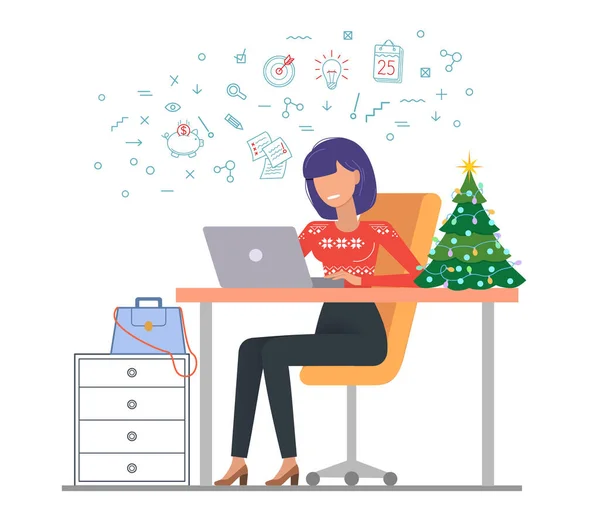 Travailler Bureau Noël Triste Femme Travaillant Pendant Les Vacances Hiver — Image vectorielle