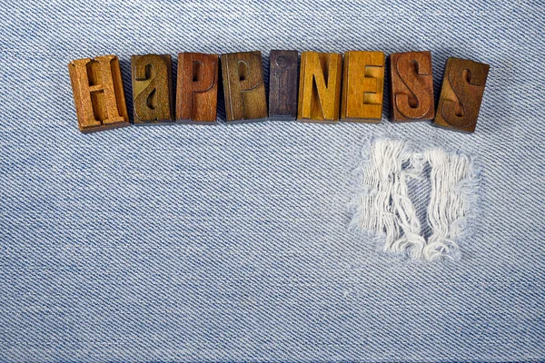 Word happiness in wooden letterpress type — Stock Photo, Image