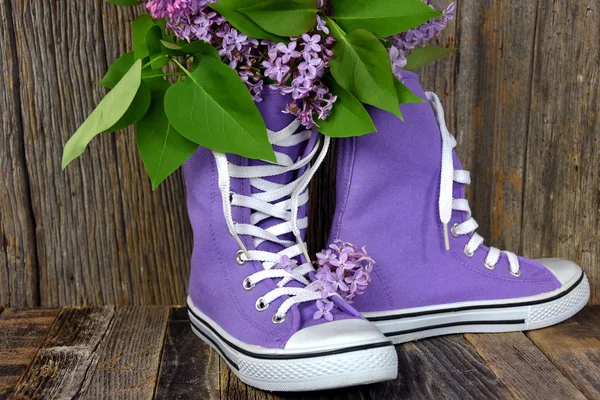 Lilac bouquet in high top sneaker — Stock Photo, Image