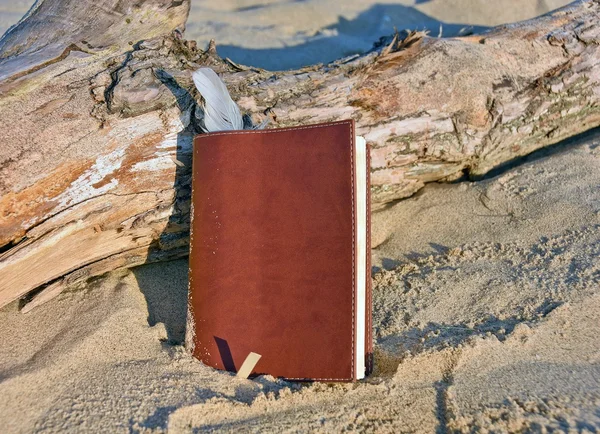 Journal en cuir marron avec signet plume en sable — Photo