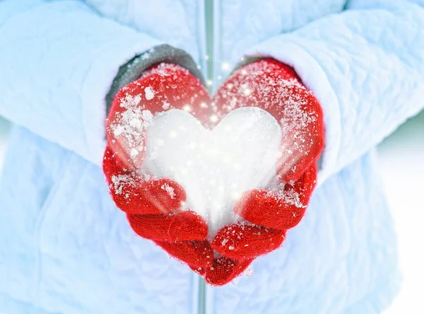 Close Red Gloves Holding Ice Heart Glowing Sparkles Stars — Stock Photo, Image