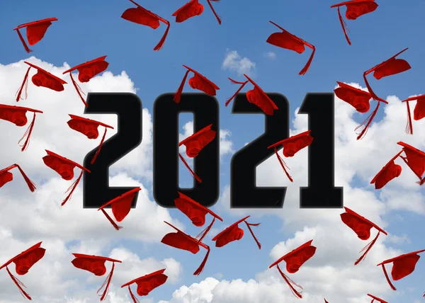 Tappi Graduazione Rosso Aereo Con 2021 Testo Cielo Blu Con — Foto Stock