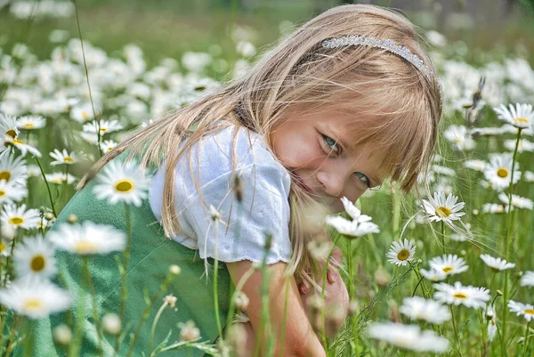 Smiling Young Blond Girl Wildflower Daisy Field Stock Image