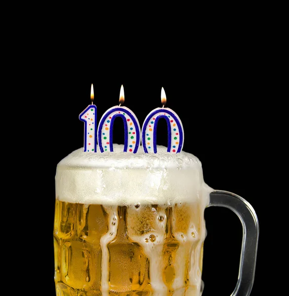 Number 100 Candle Beer Mug Birthday Celebration Isolated Black — Stock Photo, Image