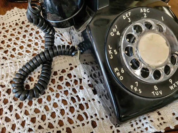 Close Retro Rotary Black Telephone Old Fashioned Lace Doily — Stock Photo, Image