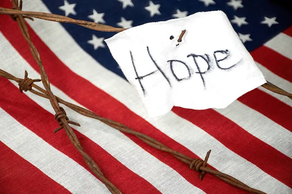 Hope Text Torn White Fabric Rusty Barbed Wire Fence American — Stock Photo, Image