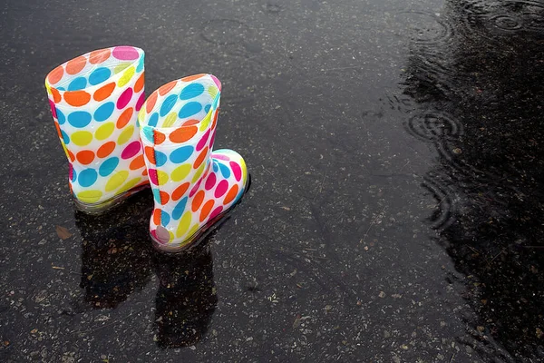 Kolorowe Buty Polka Dot Kałuży Deszczu Kroplami Deszczu — Zdjęcie stockowe