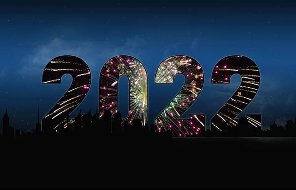 New Year 2022 Text Evening Glow City Silhouette Fireworks — Stock Photo, Image