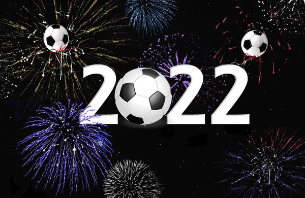 New Year 2022 Soccer Ball Balloons Fireworks Black Sky — Stock Photo, Image