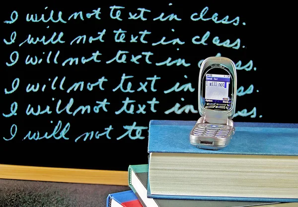 Cell Phone School Books Lines Black Chalkboard — Stock Photo, Image