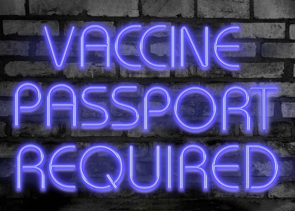 Cartello Viola Neon Città Requisito Passaporto Vaccino Incandescente Sul Muro — Foto Stock