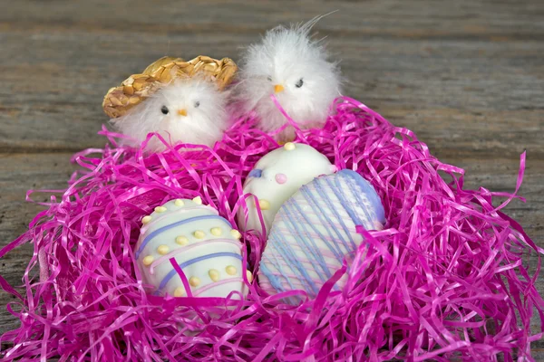 Ovos de Páscoa e pintinho no ninho — Fotografia de Stock