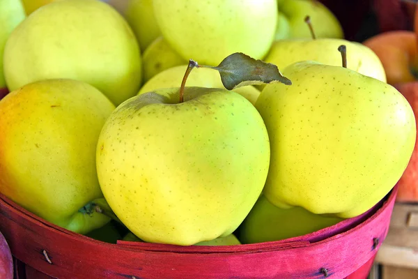 Manzanas amarillas en cesta bushel rojo —  Fotos de Stock