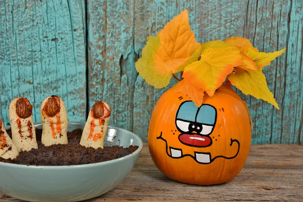 Halloween finger cookies with funny pumpkin — Stock Photo, Image