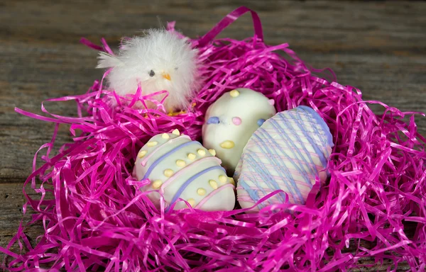 Easter egg cookies in pink nest with chick — Stock Photo, Image