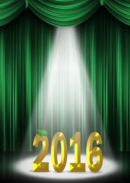 Gold 2016 with green graduation cap in spotlight — Stock Photo, Image