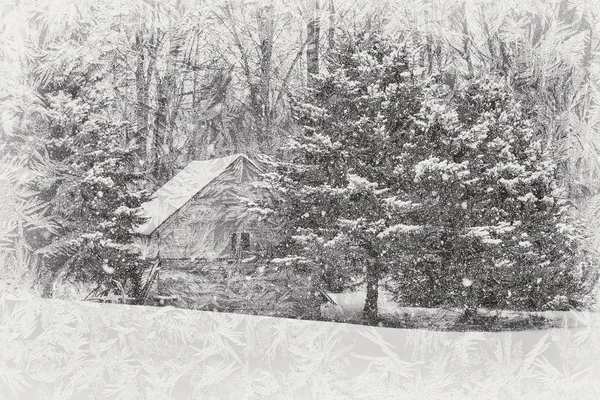 Gammal stuga i skogen med frostiga fönster overlay — Stockfoto