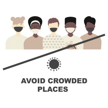 Kalabalık yerlerden kaçının. Karantina Coronavirüs salgını konsept işareti. Siyahi, Afrikalı ve beyazlardan oluşan kalabalığın üstünü çizdim. Covid-19, 2019-NCoV Roman Coronavirus 'un dikkatine. 