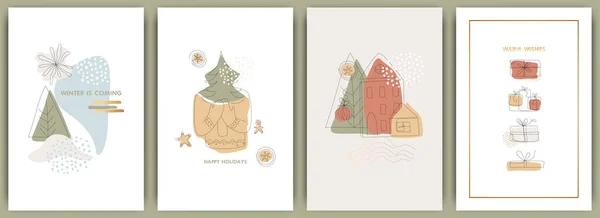 Set New Year Cards Christmas Winter Modern Minimalist Art Trend — Stock Vector