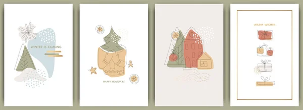 Jeu Cartes Nouvel Noël Hiver Art Minimaliste Moderne Tendance Illustrations — Image vectorielle