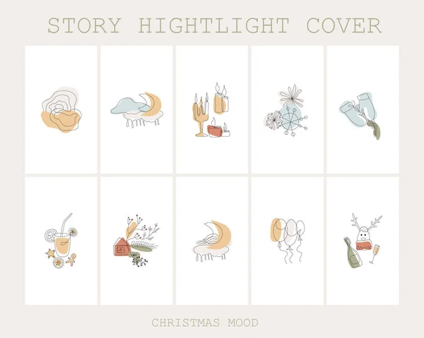Set of Christmas Highlight Instagram story cover, New Year and winter, modern minimalist art, trend . Fashion illustrations vector, One line and color shape art — Stock Illustration Set Christmas Highlight Instagram Story Cover New Year Winter Modern Stock Vector