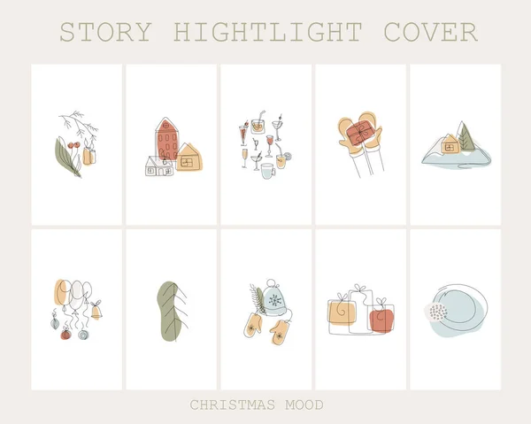 Set of Christmas Highlight Instagram story cover, New Year and winter, modern minimalist art, trend . Fashion illustrations vector, One line and color shape art — Stock Illustration Set Christmas Highlight Instagram Story Cover New Year Winter Modern Royalty Free Stock Illustrations