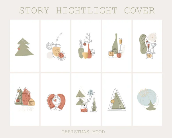 Set of Christmas Highlight Instagram story cover, New Year and winter, modern minimalist art, trend . Fashion illustrations vector, One line and color shape art — Stock Illustration Set Christmas Highlight Instagram Story Cover New Year Winter Modern Stock Illustration